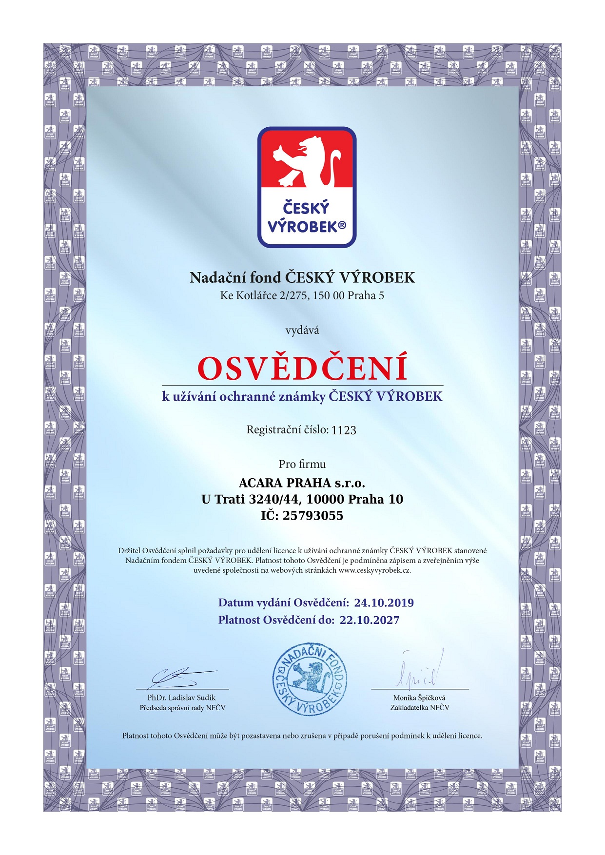Certifikát ACARA 